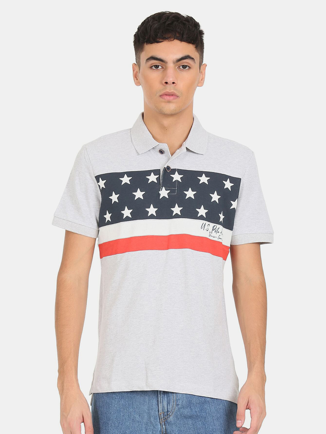 U.S. Polo Assn. Denim Co. Men Grey & Black Printed Polo Collar Pure Cotton T-shirt