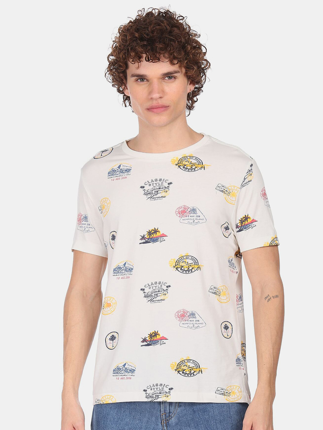 U.S. Polo Assn. Denim Co. Men Off-White Conversational Printed Pure Cotton T-shirt