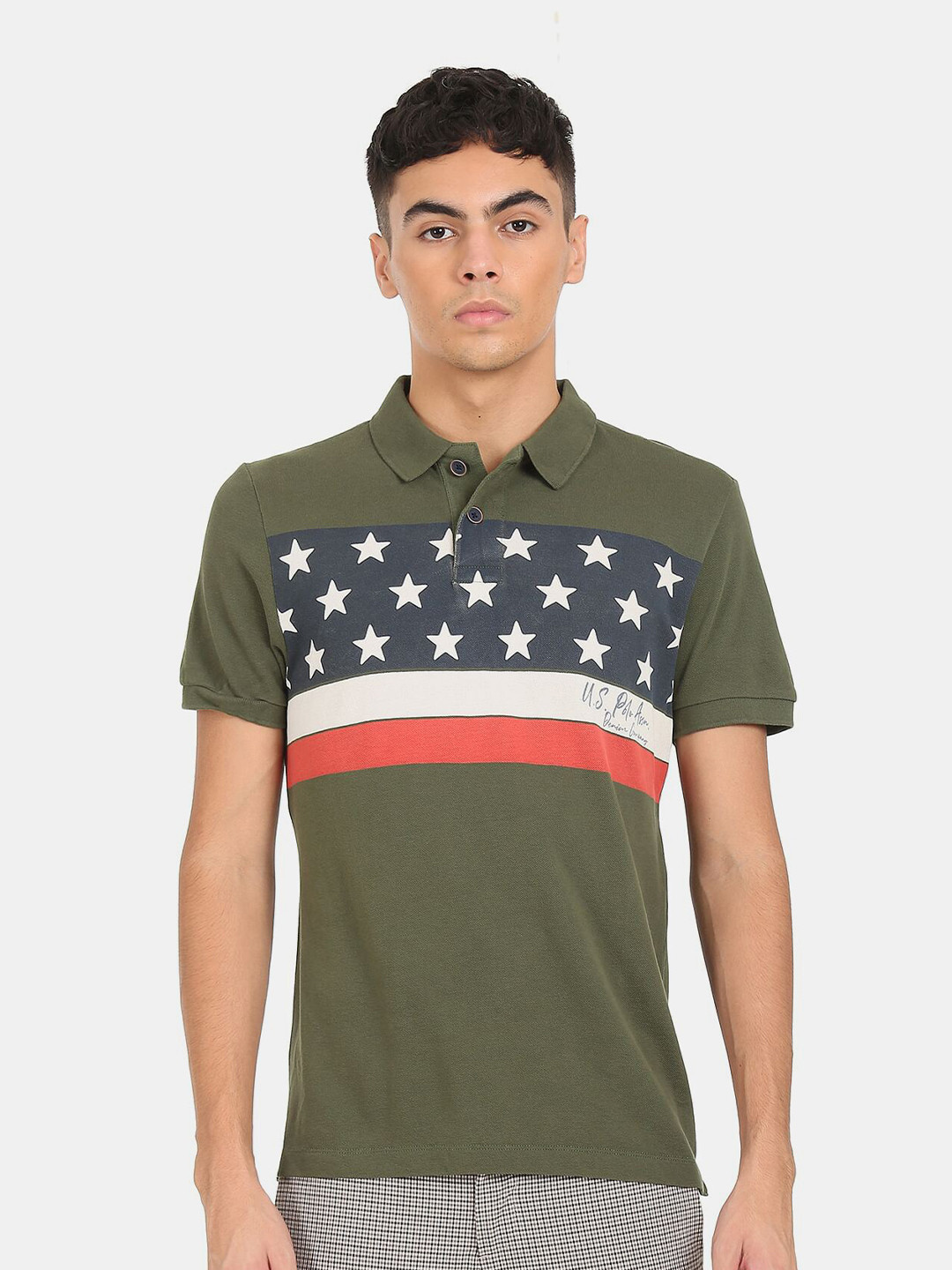 U.S. Polo Assn. Denim Co. Men Green & Navy Blue Printed Polo Collar Pure Cotton T-shirt