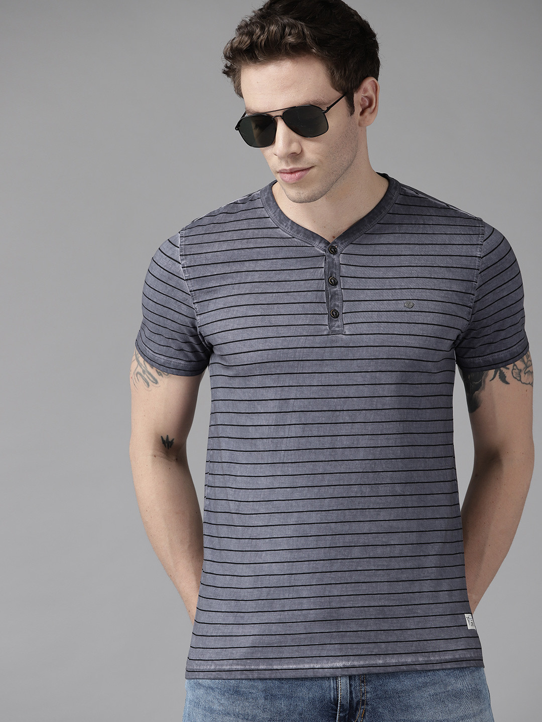 VAN HEUSEN DENIM LABS Men Grey & Black Striped Henley Neck Slim Fit T-shirt