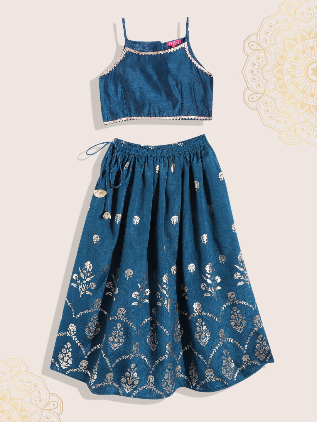 Biba Girls Teal Blue & Gold-Toned Floral Print Ready to Wear Lehenga & Blouse