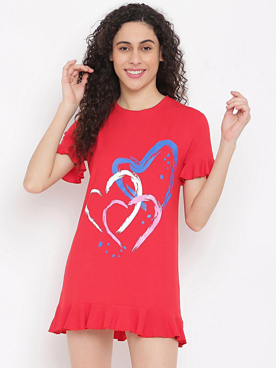 La Intimo Red Printed Longline Nightdress