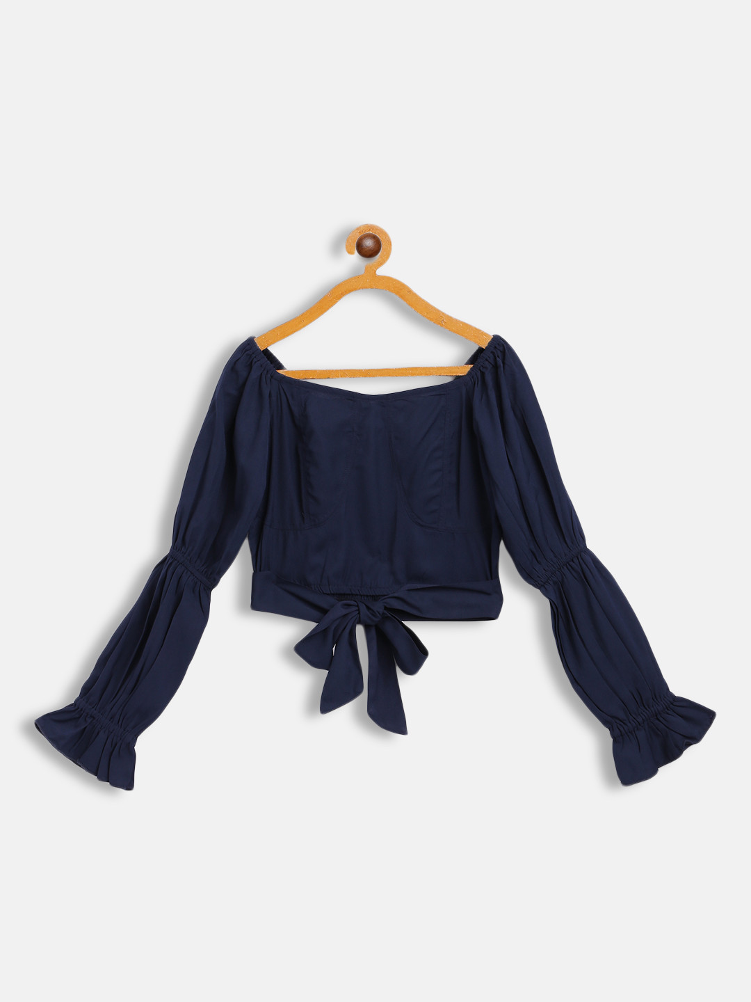 Antheaa Navy Blue Bishop Sleeves Smocked Crepe Front Tie-Up Crop Top