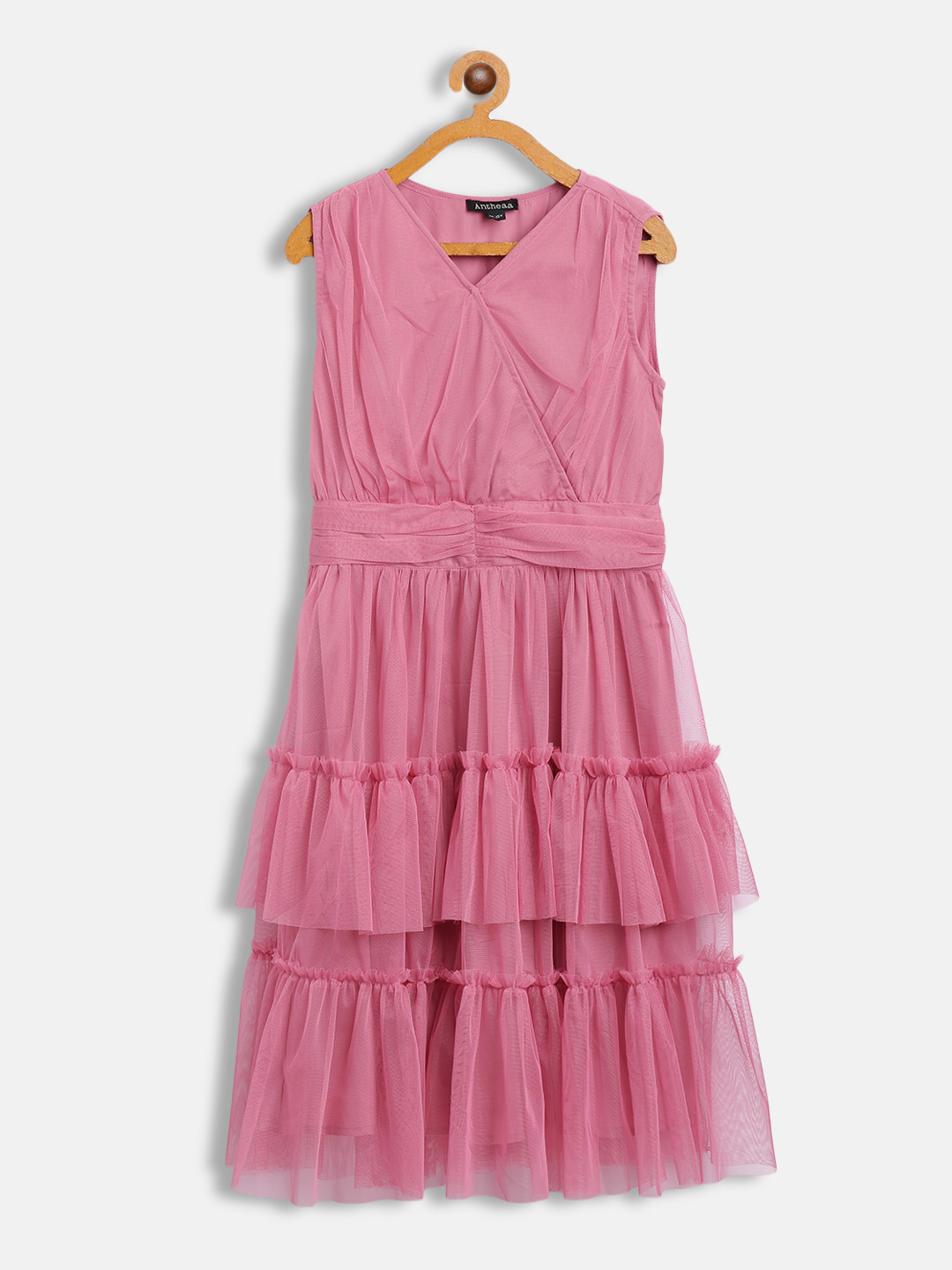 Antheaa Pink Tiered Net Dress