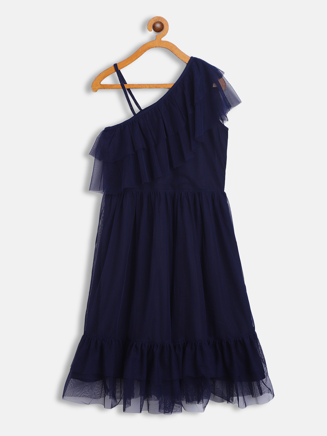Antheaa Navy Blue One Shoulder Net Dress