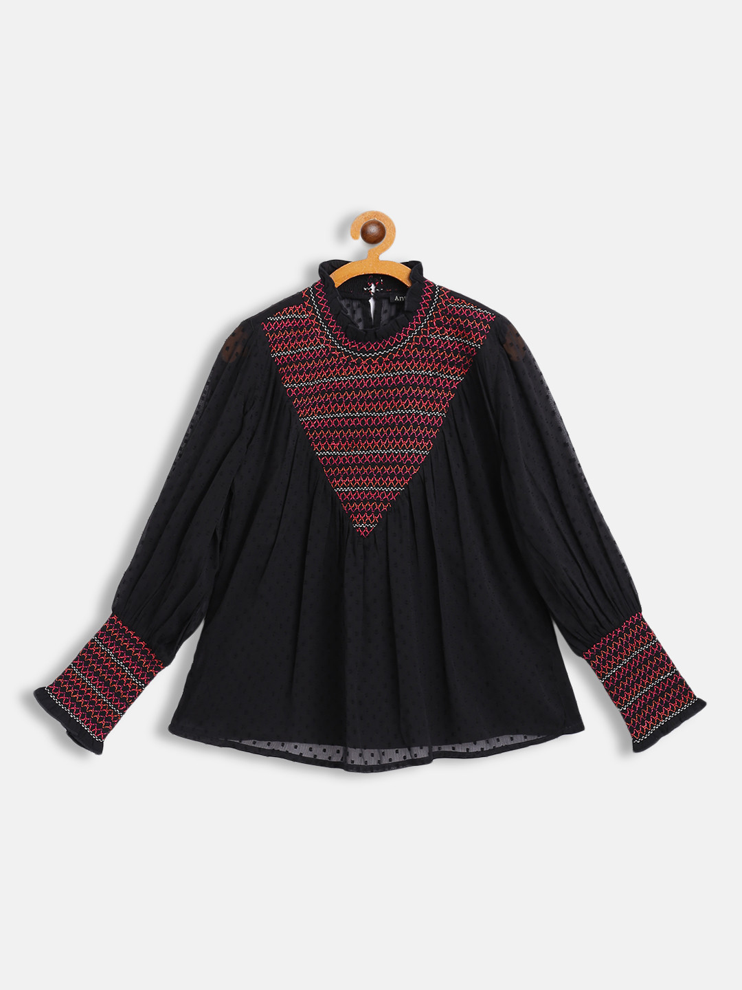 Antheaa Black & Red Embroidered Chiffon Top
