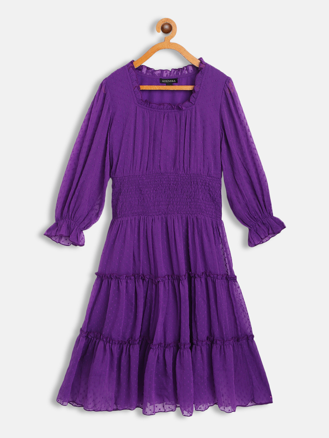Antheaa Purple Smocked Tiered Chiffon Dress