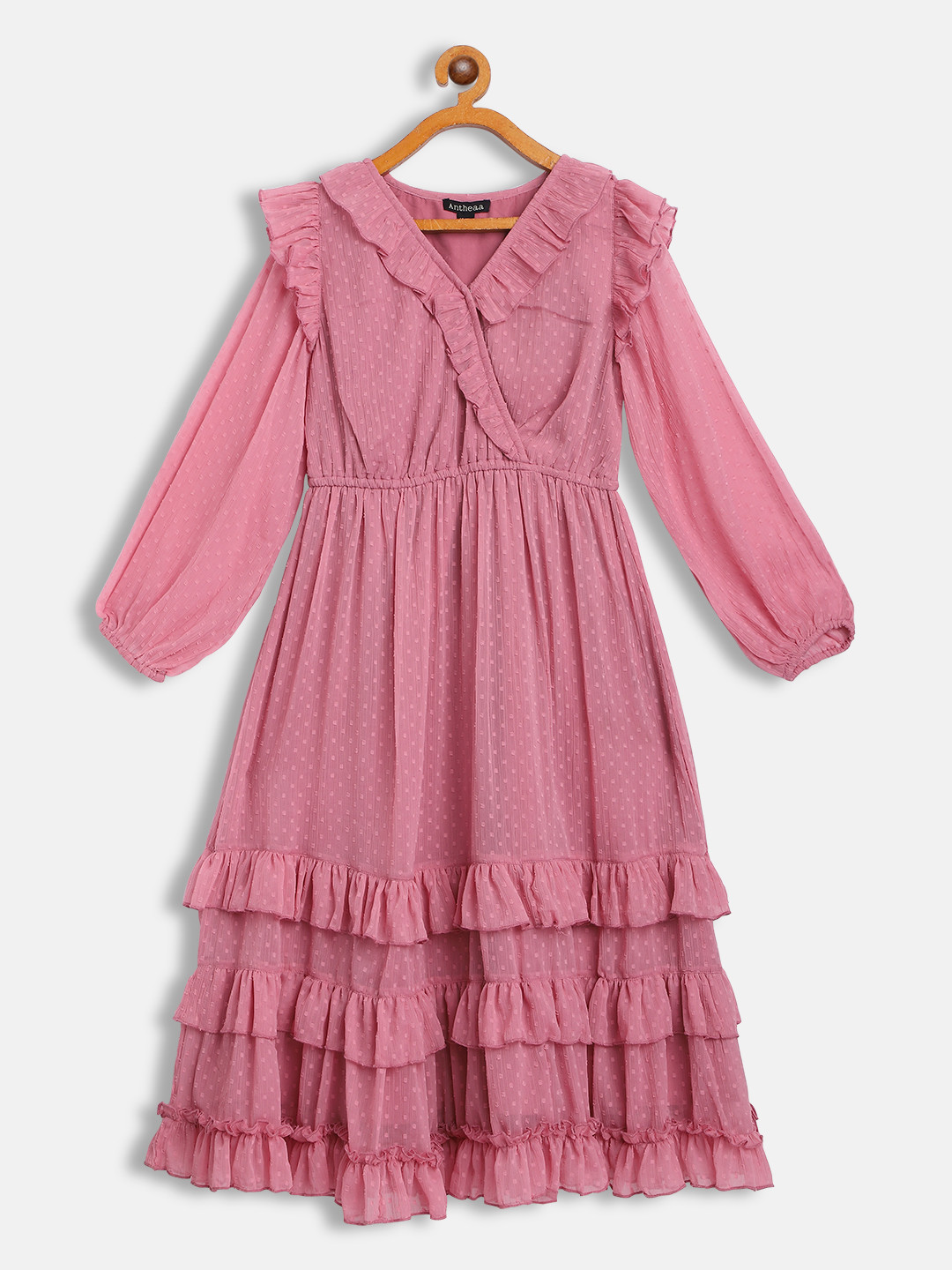 Antheaa Pink Ruffled Tiered Chiffon Midi Dress