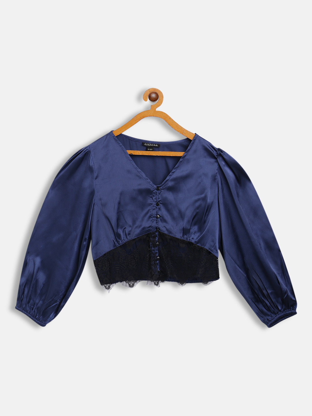 Antheaa Navy Blue Smocked Laced Satin Crop Top