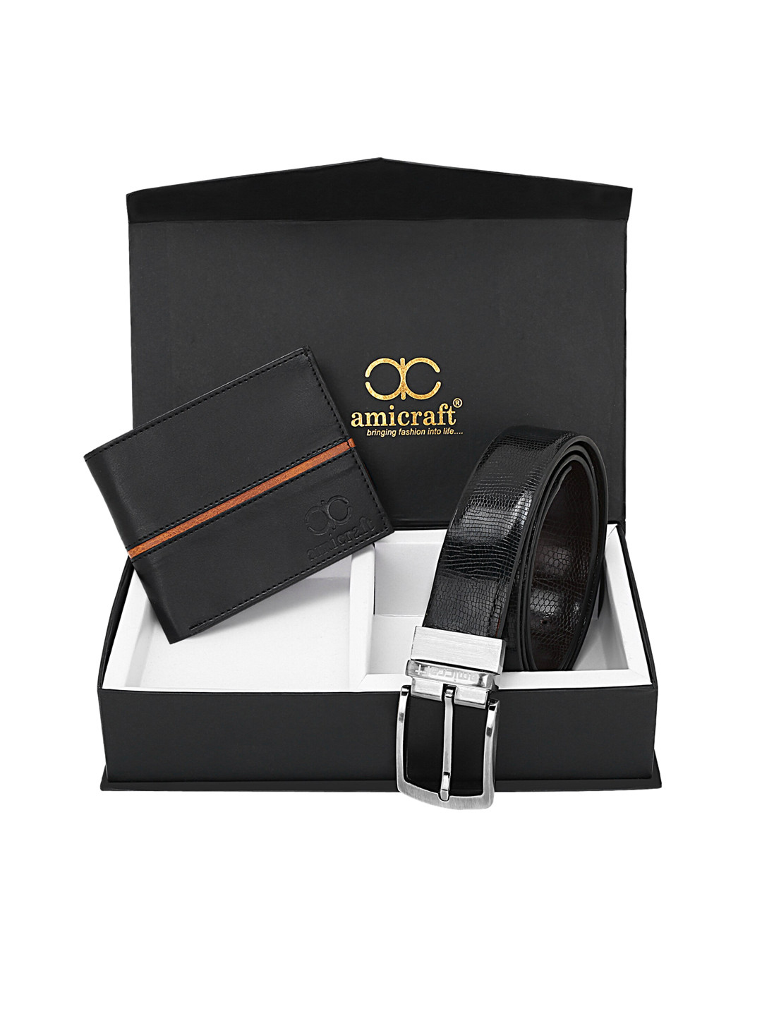 amicraft Men Black Wallet & Belt Accessory Gift Set