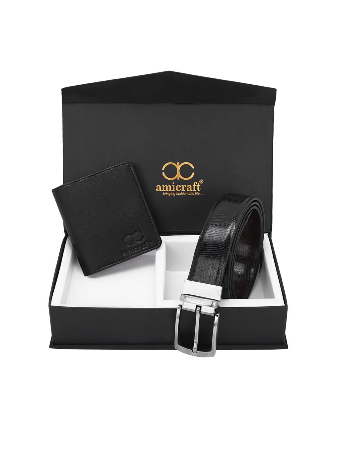 amicraft Men Black Wallet & Belt Accessory Gift Set