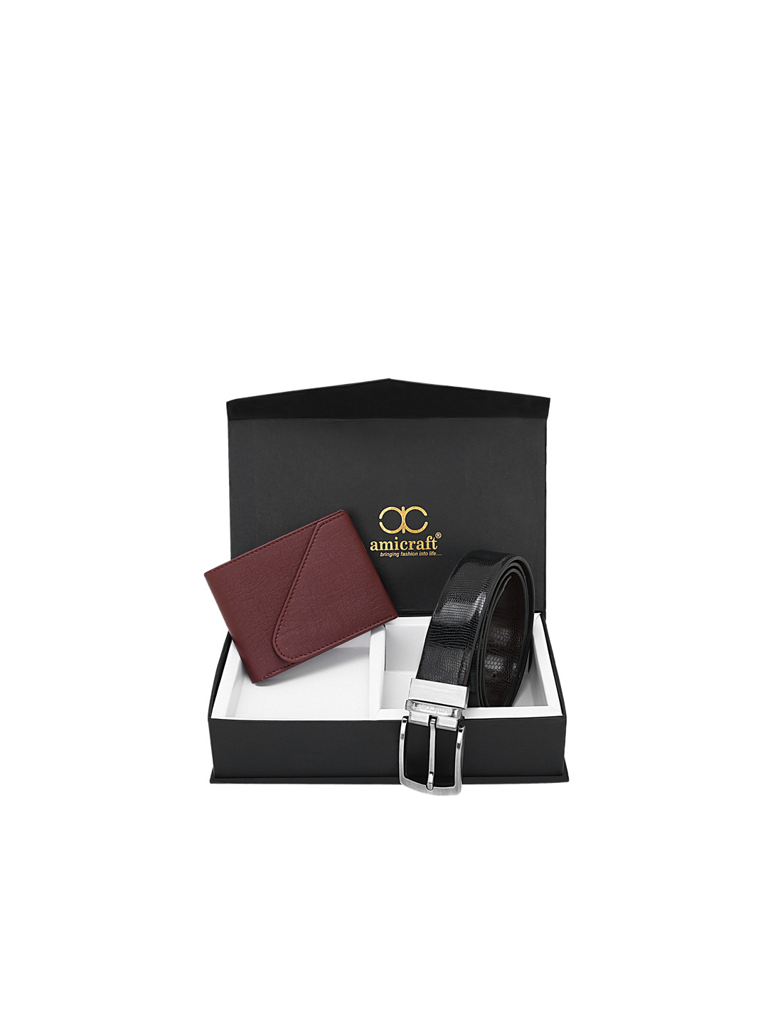 amicraft Men Black & Brown Wallet & Belt Accessory Gift Set