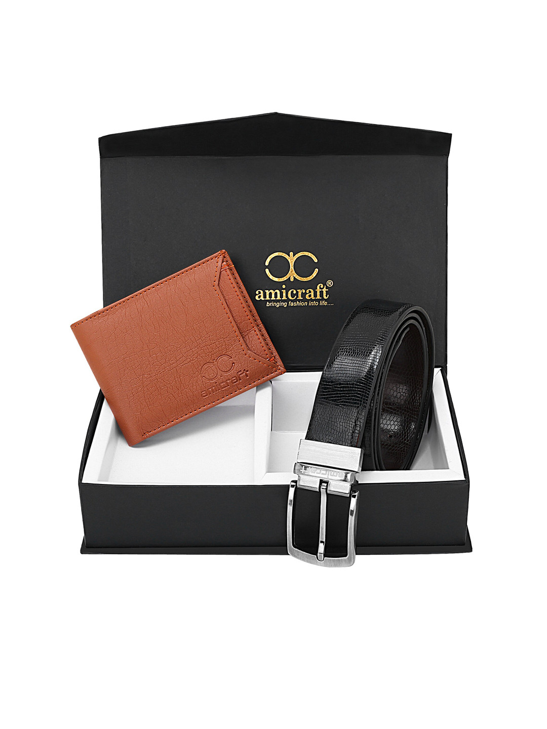 amicraft Men Black & Brown Wallet & Belt Accessory Gift Set