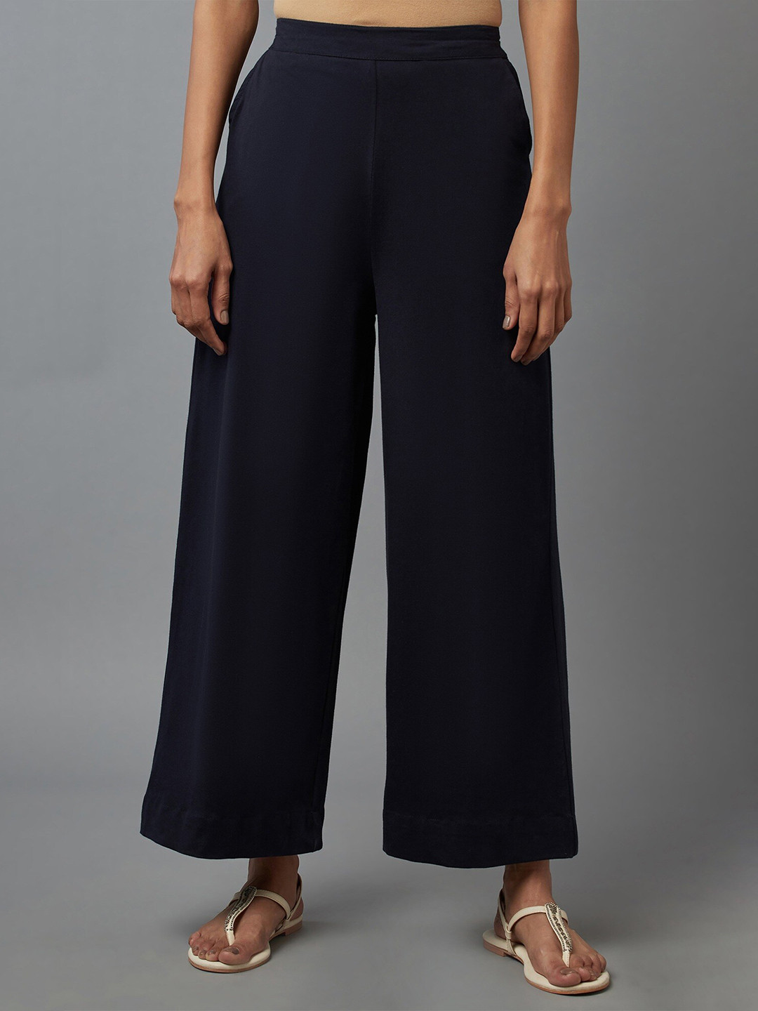 elleven Women Navy Blue Knitted Ethnic Palazzos