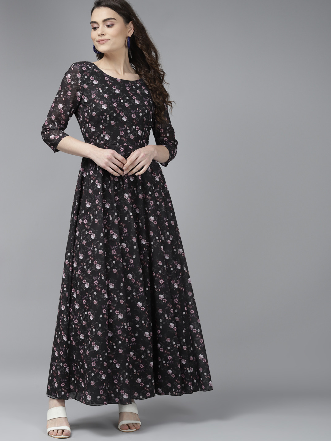 PANIT Black & Pink Floral Georgette Maxi Ethnic Dress