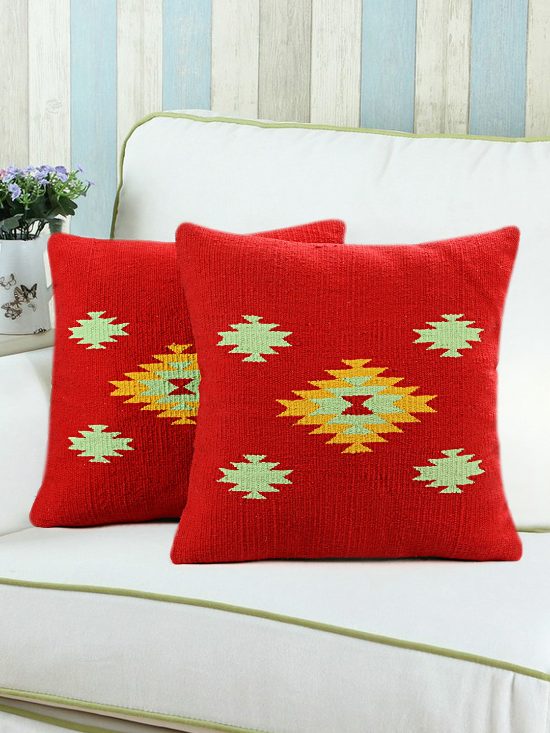 Saral Home Red Geometric Cotton Breathable 2 Piece Textured Square Cushion Covers -18x18In