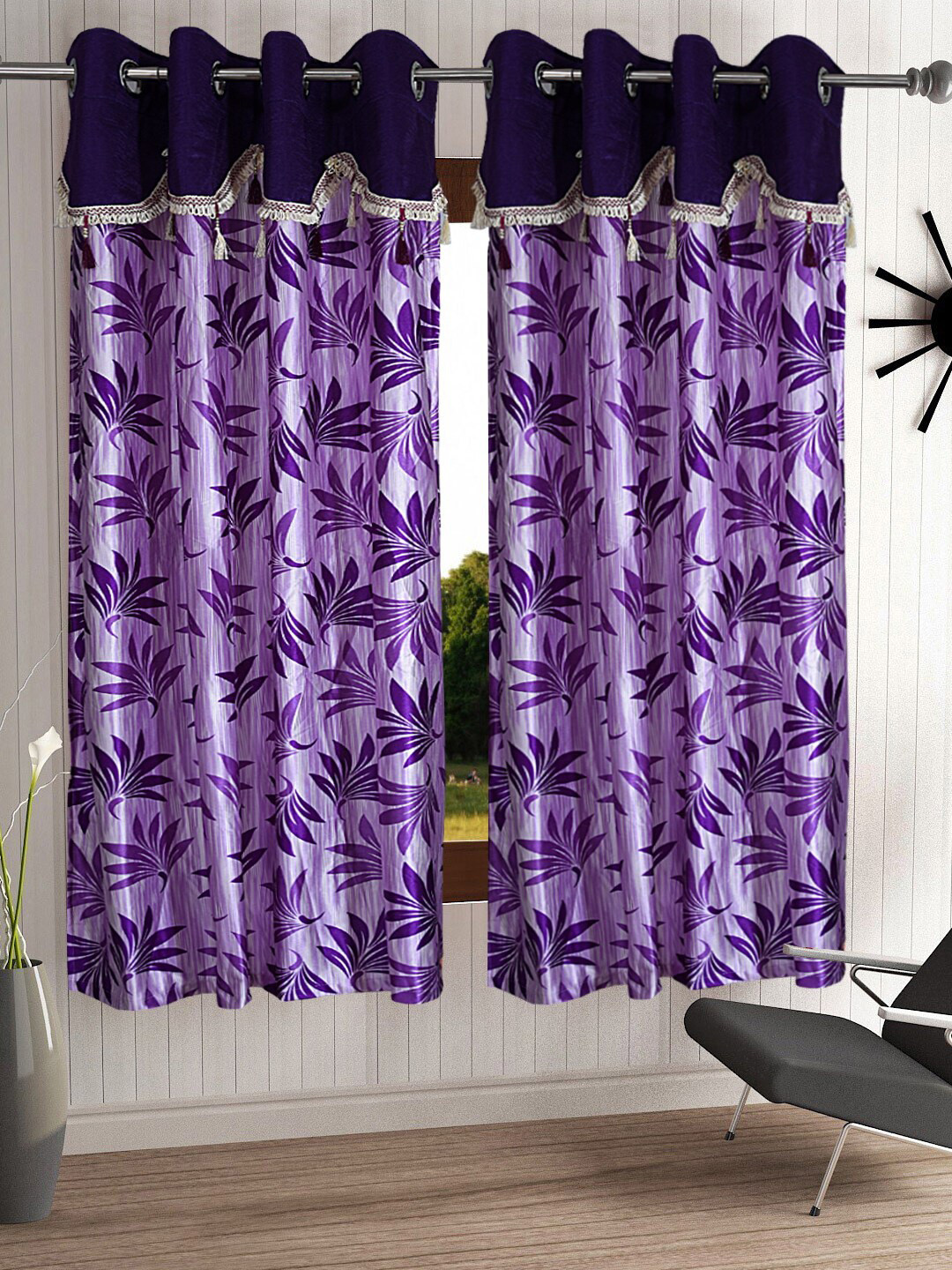 Cortina Purple Set of 2 Fancy Valance Floral Printed Window Curtains
