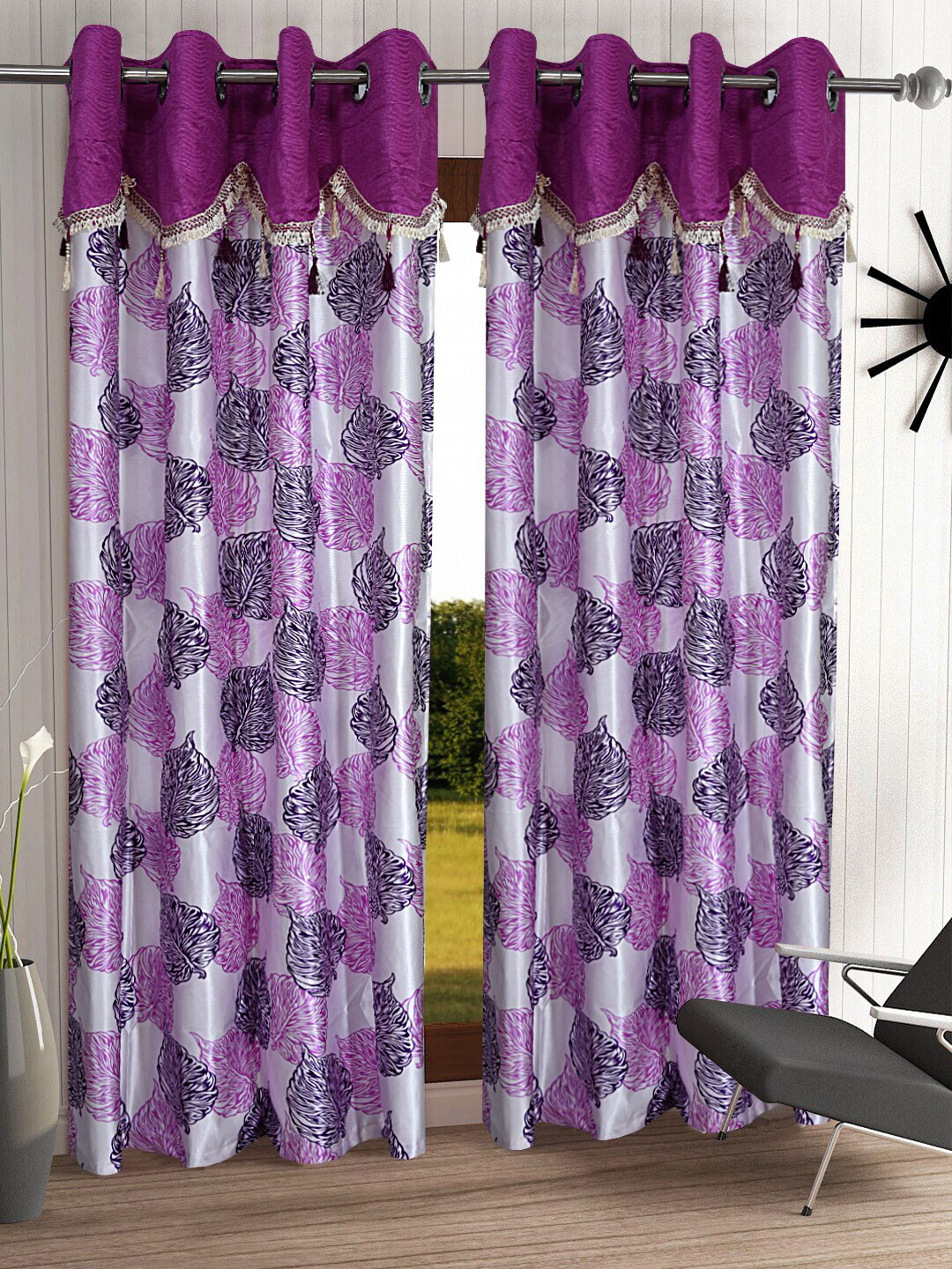 Cortina Purple & White Set of 2 Fancy Valance Leaf Printed Door Curtains