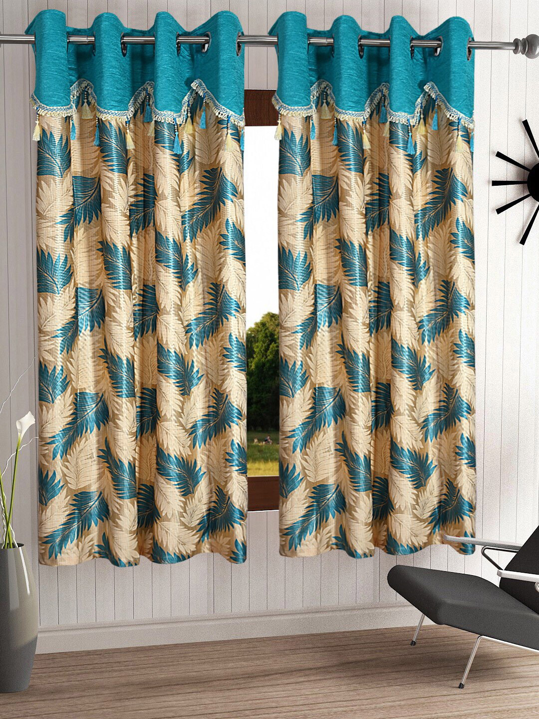 Cortina Blue & Beige Set Of 2 Fancy Valance Floral Printed Window Curtains