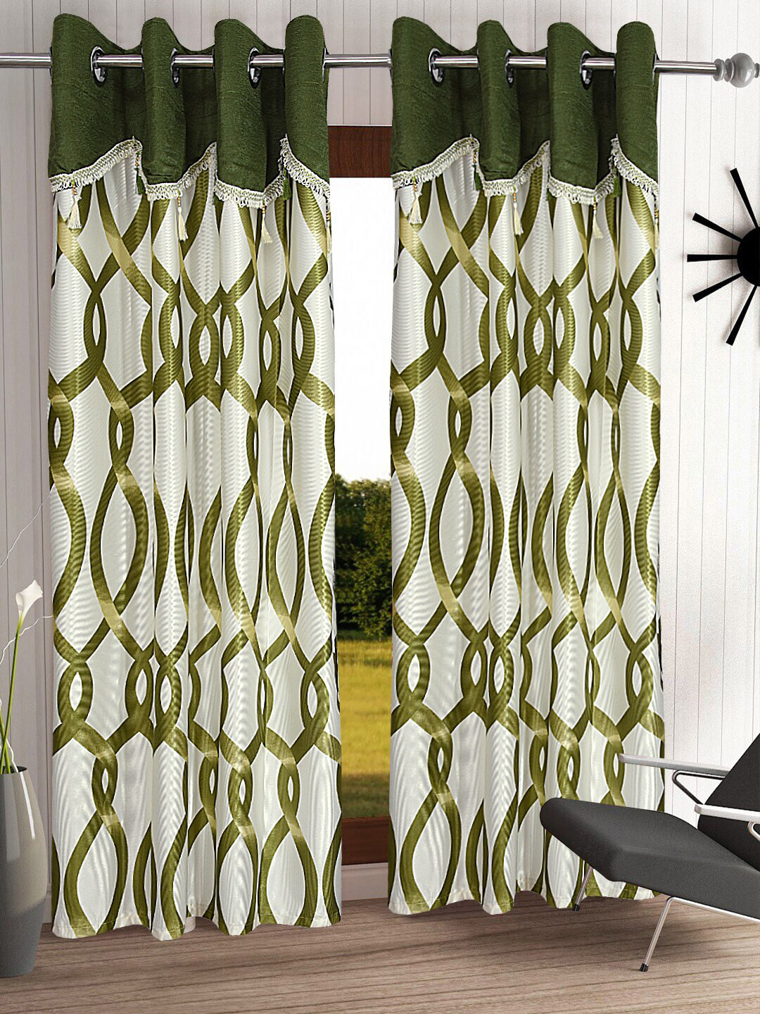 Cortina Olive green & White Set of 2 Fancy Valance Abstract Printed Long Door Curtains