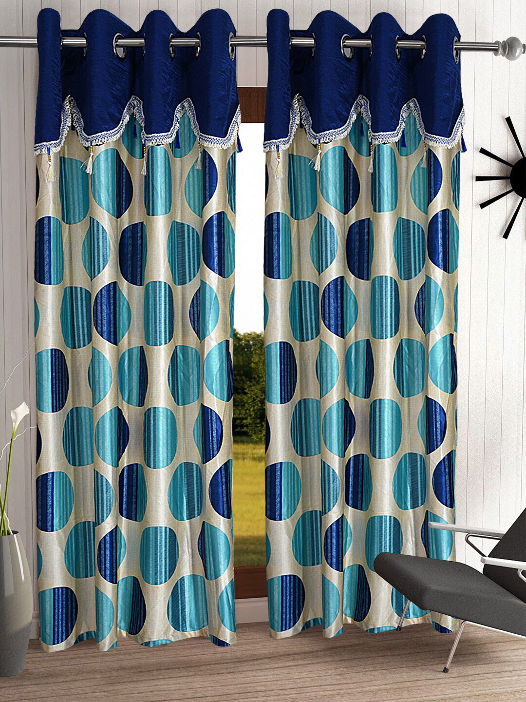 Cortina Navy Blue & Cream-coloured Set of 2 Fancy Valance Polka Printed Door Curtains