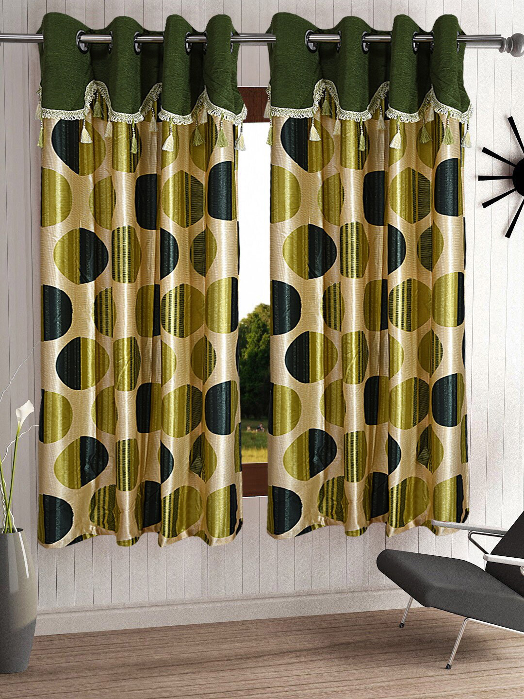 Cortina Olive Green & Cream-Coloured Set of 2  Fancy Valance Polka Printed Window Curtains