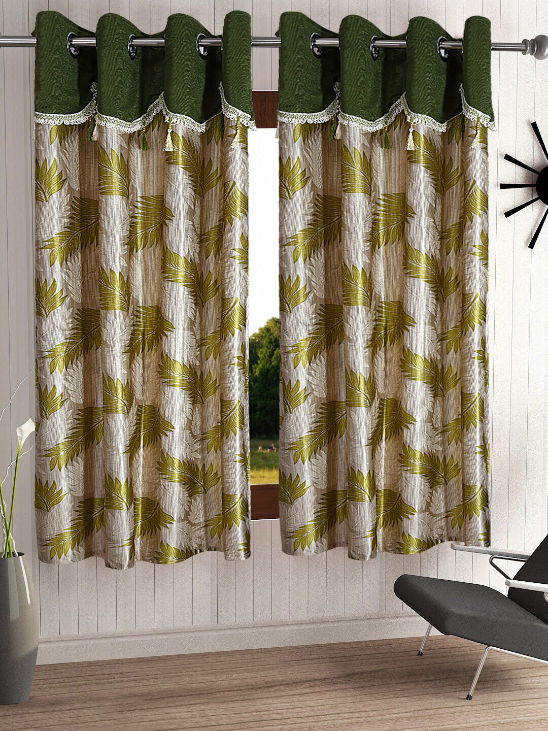 Cortina Set of 2 Green & Beige Fancy Valance Floral Printed Window Curtains