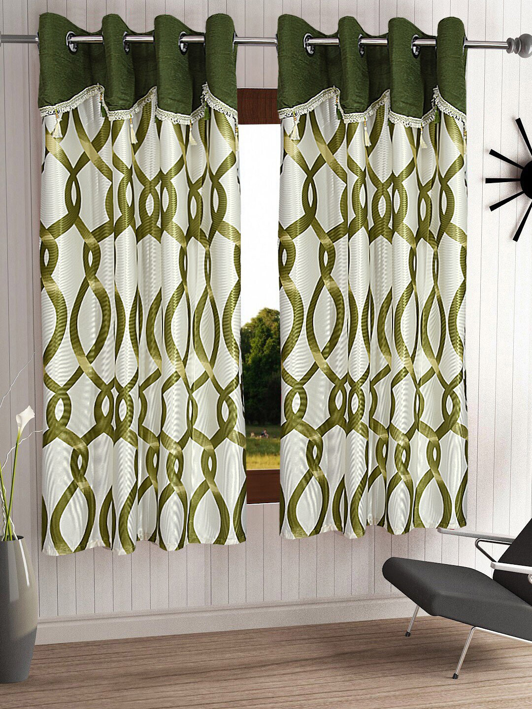 Cortina Olive Green & White Set of 2 Fancy Valance Abstract Printed Window Curtains