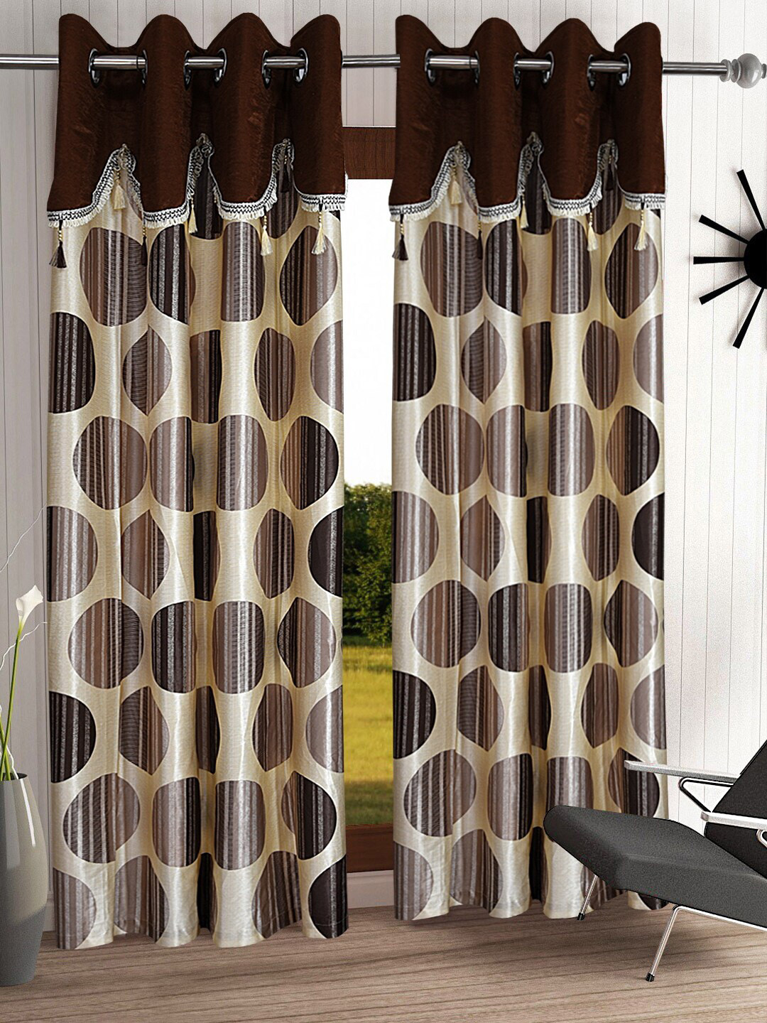 Cortina Brown & Cream-coloured Set of 2 Fancy Valance Polka Printed Long Door Curtains