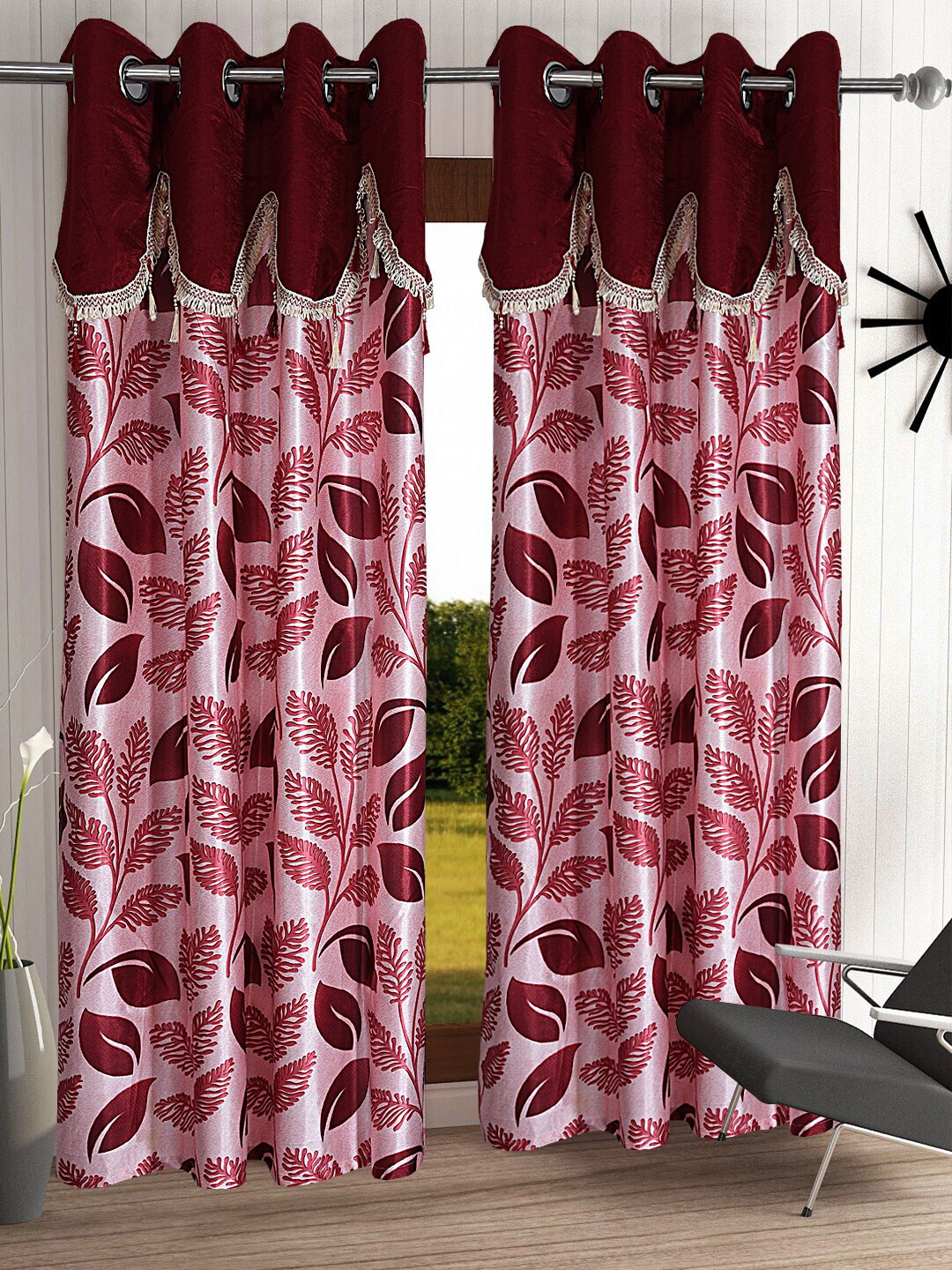 Cortina Maroon Set of 2 Fancy Valance Floral Printed Door Curtains