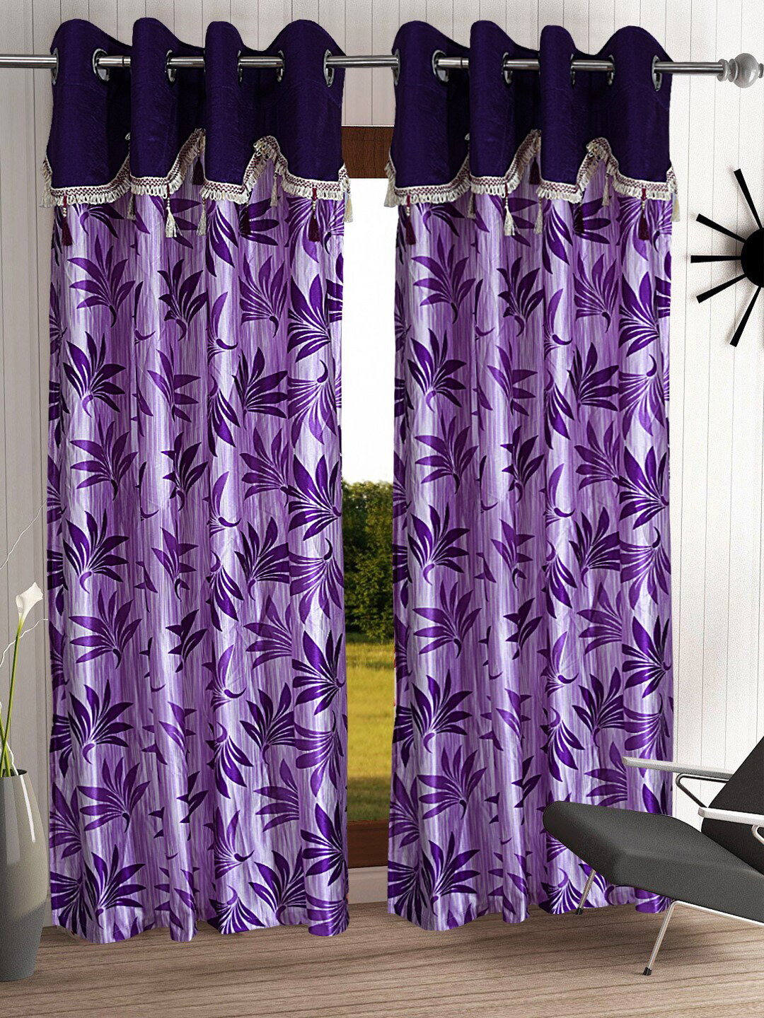 Cortina Purple Set of 2 Fancy Valance Floral Printed Long Door Curtains
