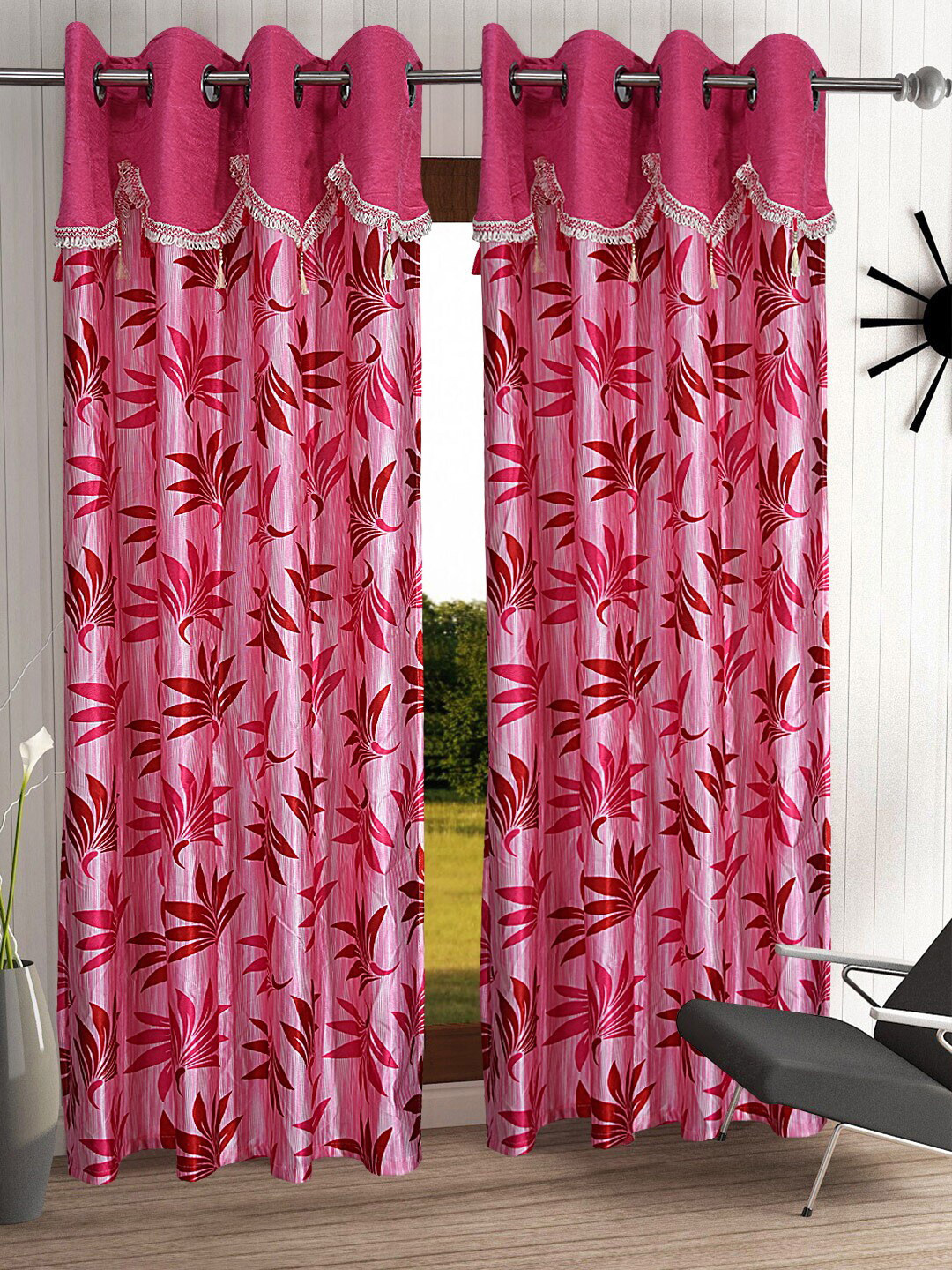 Cortina Pink Set of 2 Fancy Valance Floral Printed Long Door Curtains