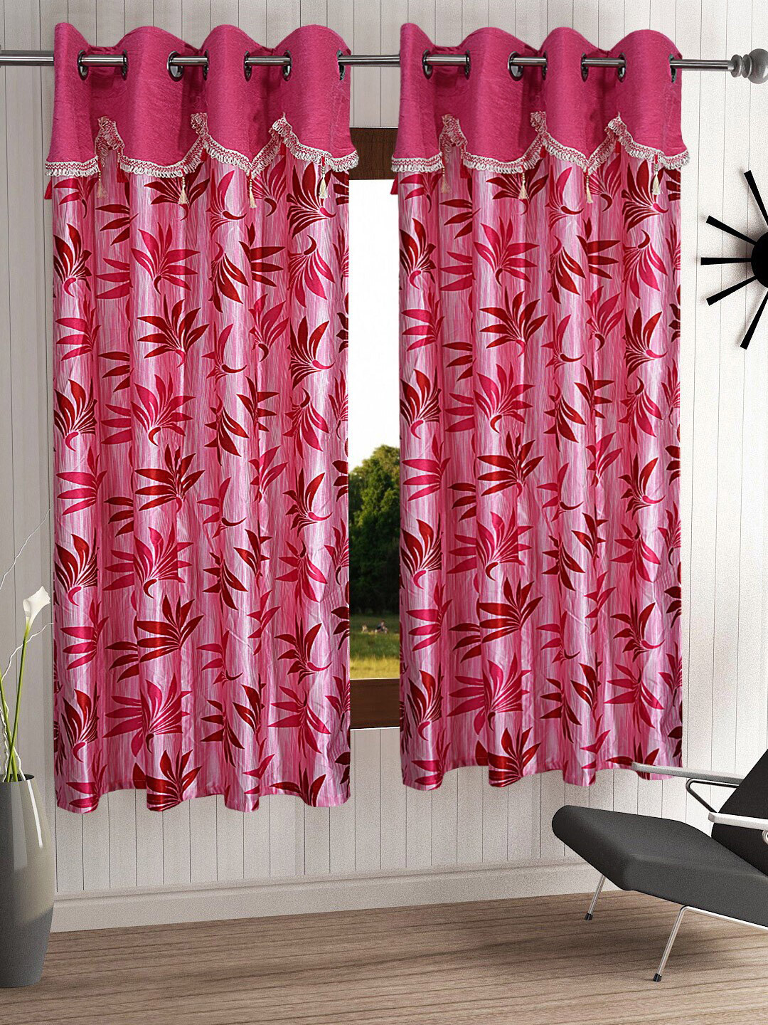 Cortina Pink Set of 2 Fancy Valance Floral Printed Window Curtains