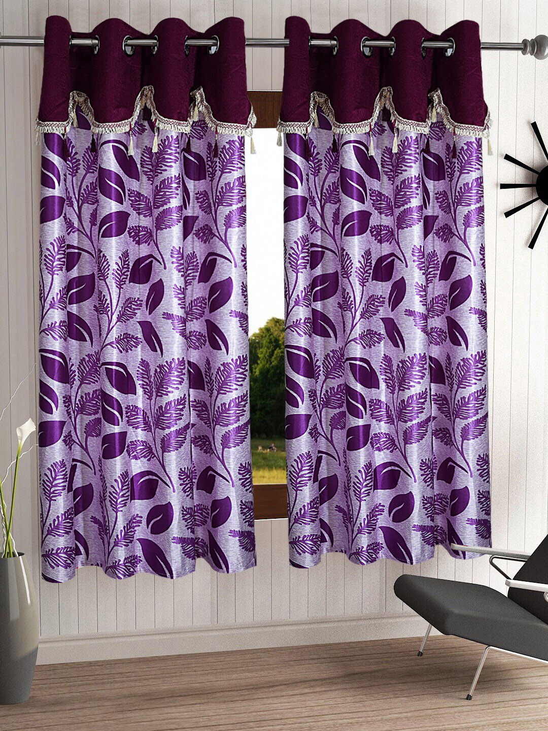 Cortina Purple & White Set of 2 Fancy Valance Floral Printed Window Curtains