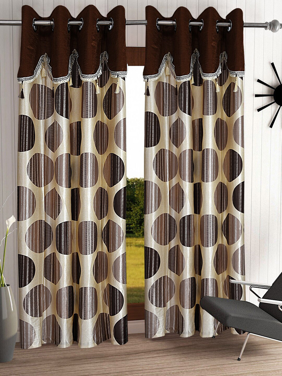 Cortina Brown & Cream-coloured Set of 2 Fancy Valance Polka Printed Door Curtains
