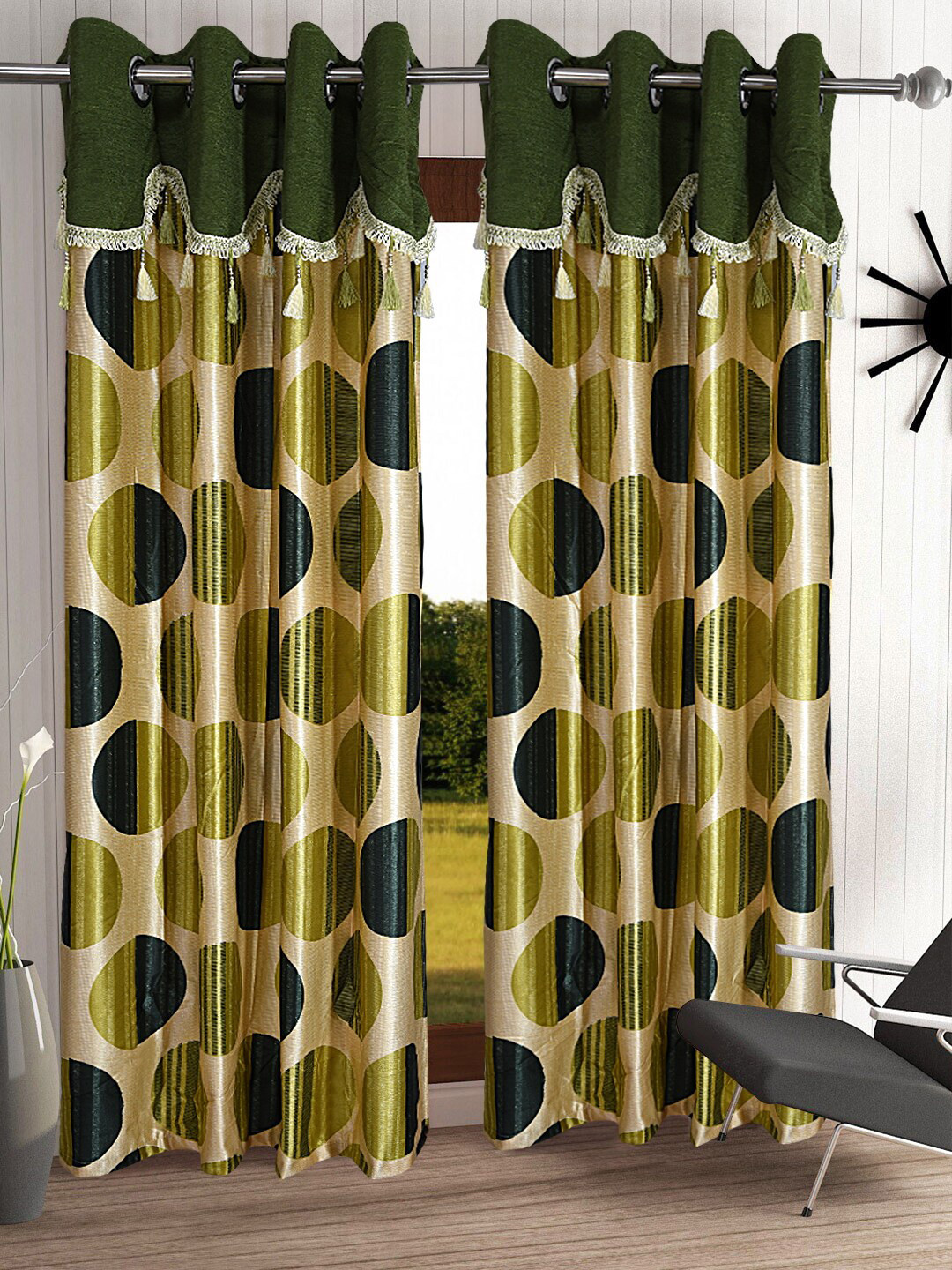 Cortina Olive Green & Cream Set of 2 Fancy Valance Polka Printed Long Door Curtains