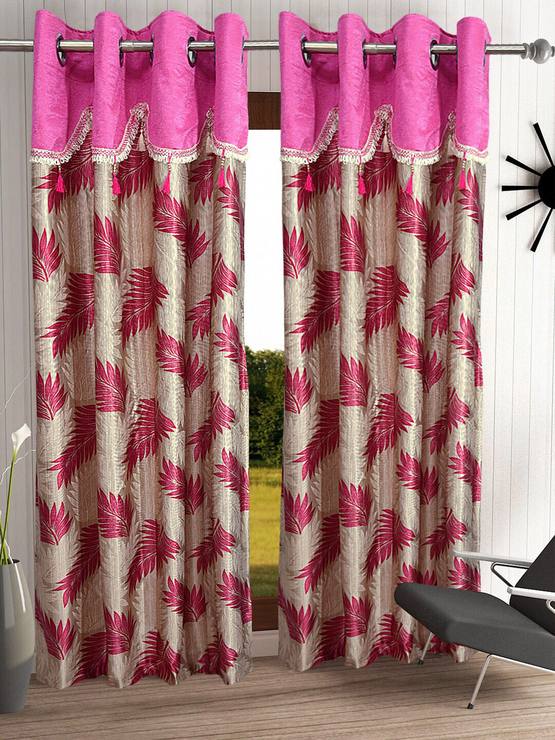 Cortina Set of 2 Pink & Beige Fancy Valance Floral Printed Door Curtains