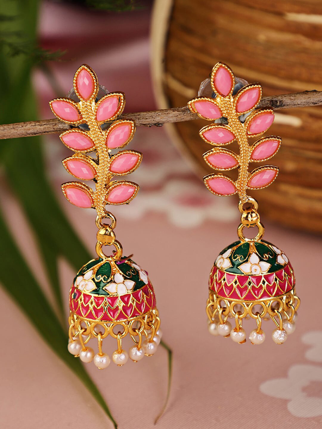 Shining Diva Pink Gold-Plated Contemporary Jhumkas Earrings