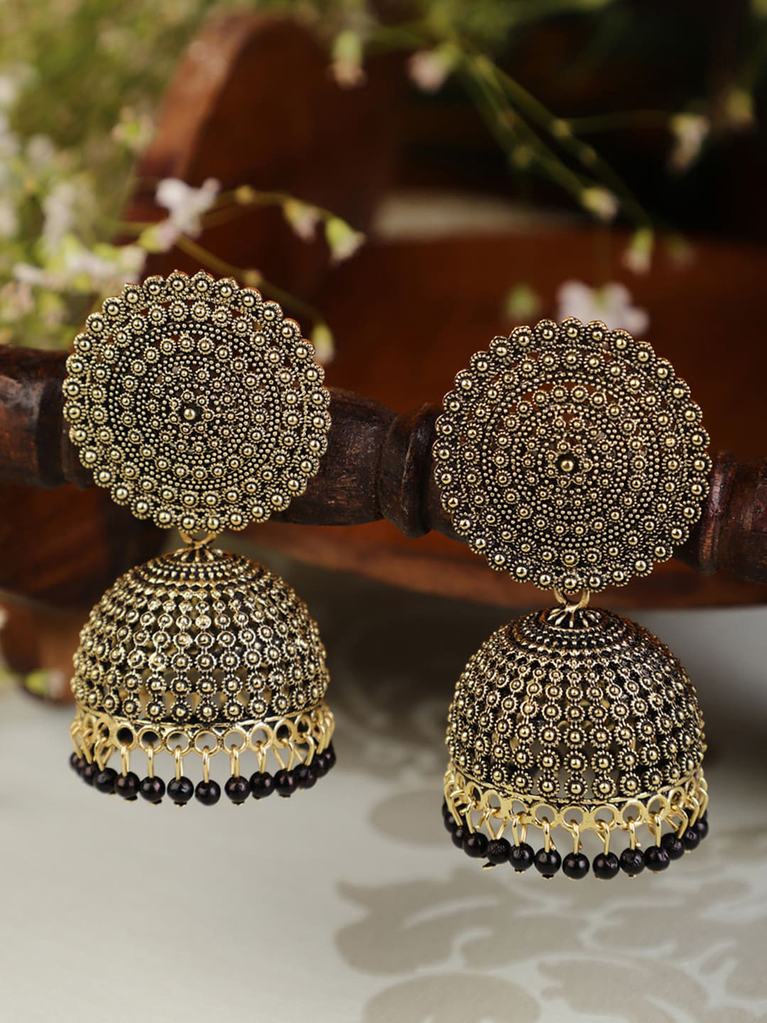 Shining Diva Black & Gold-Toned Dome Shaped Jhumkas Earrings