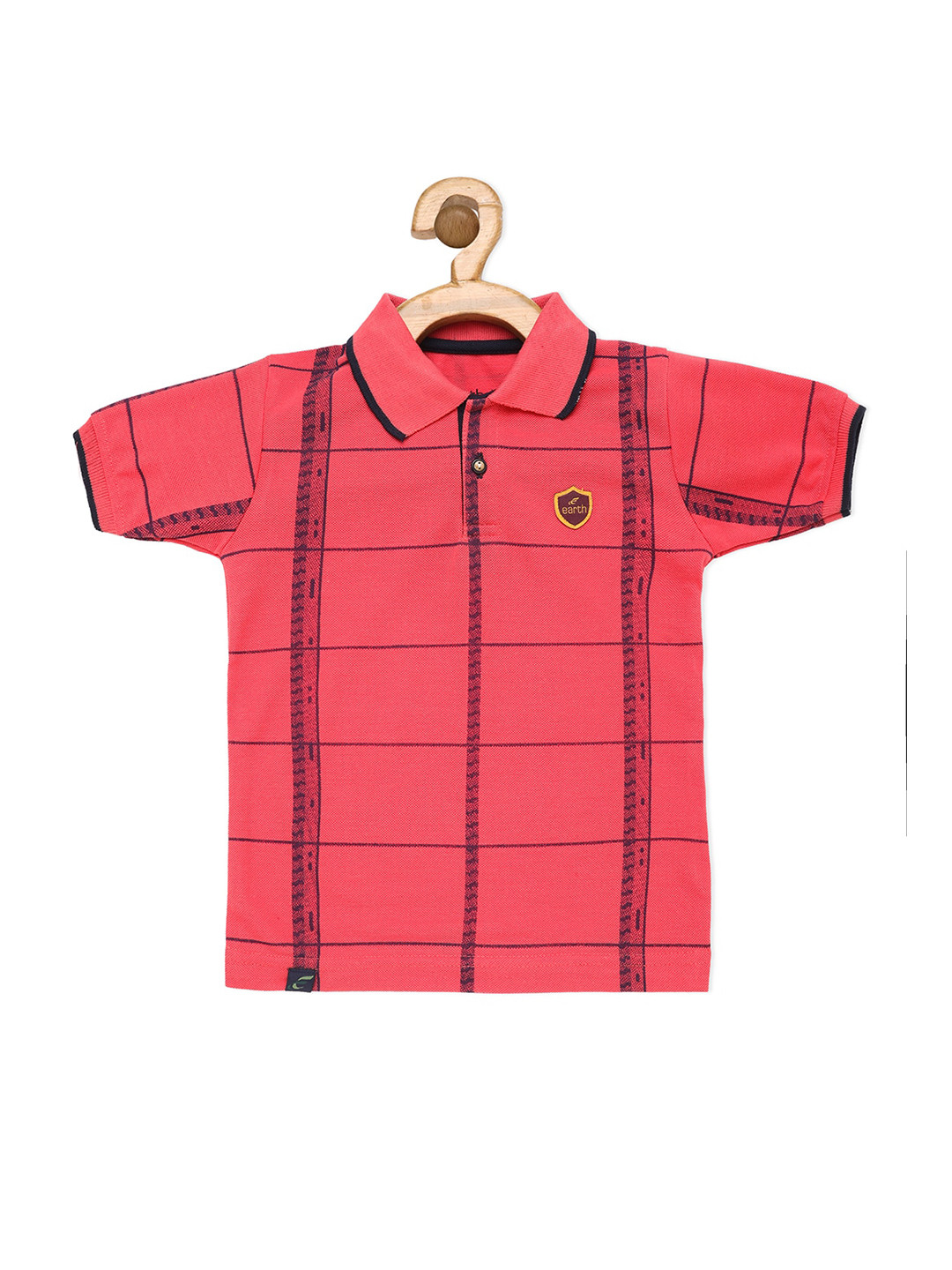 earth conscious Boys Peach-Coloured Checked Polo Collar Applique T-shirt