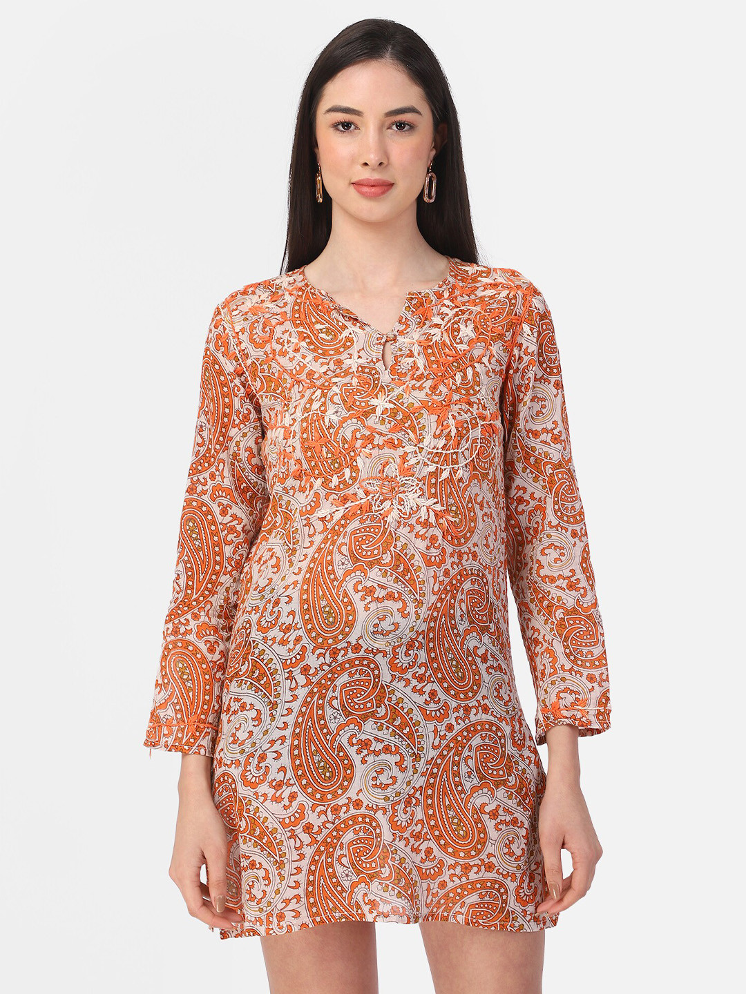 Aditi Wasan Off White & Orange Ethnic Motifs Embroidered & Printed Cotton Tunic