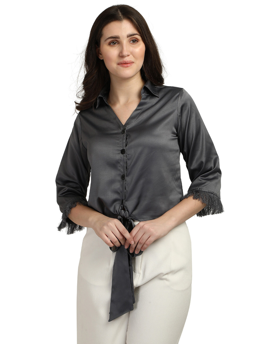 Smarty Pants Women Grey Comfort Satin Party Crop Shirt