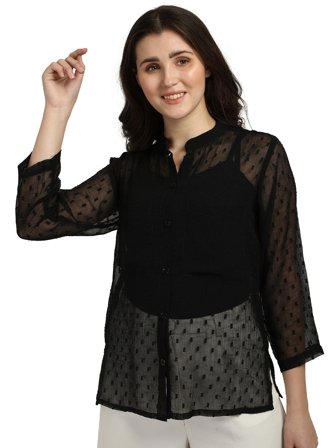 Smarty Pants Women Black Comfort Sheer Dobby Casual Shirt