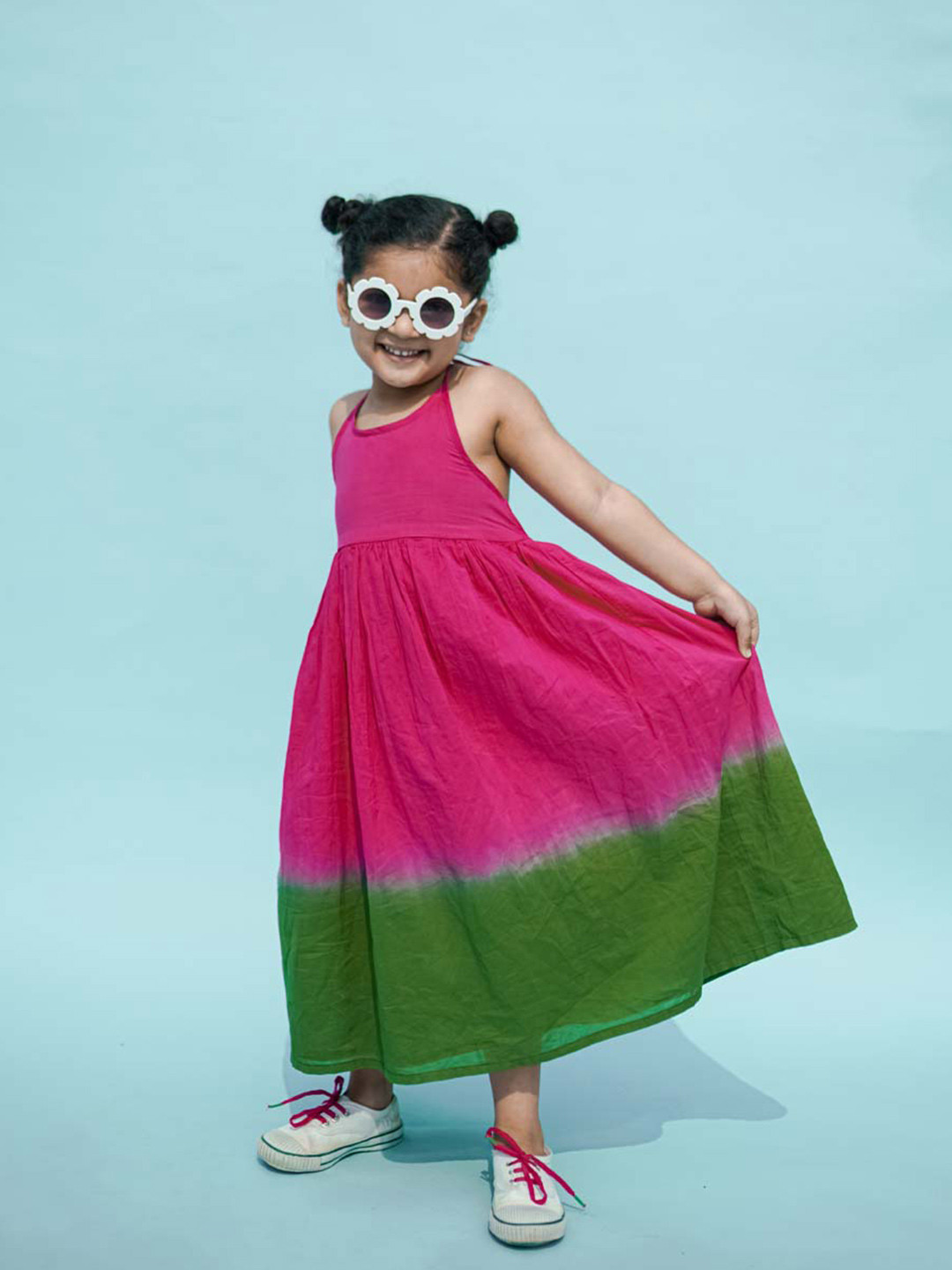 Tiber Taber Girls Pink & Green Colourblocked Tie & Dye Cotton Holi Maxi Dress