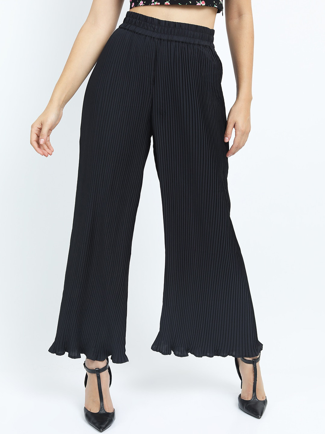 Tokyo Talkies Women Black Striped Flared Trousers