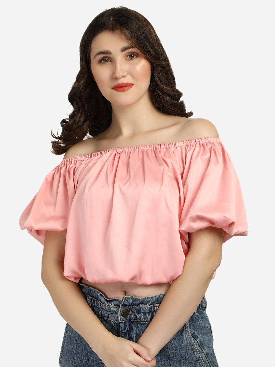 Smarty Pants Pink Off-Shoulder Satin Blouson Crop Top