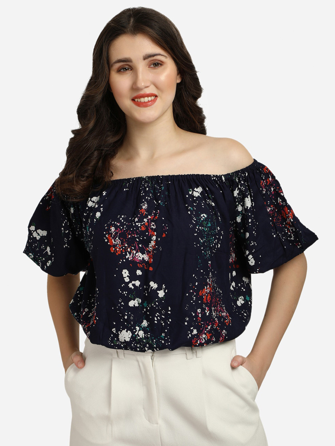 Smarty Pants Navy Blue & White Floral Printed Off-Shoulder Bardot Top