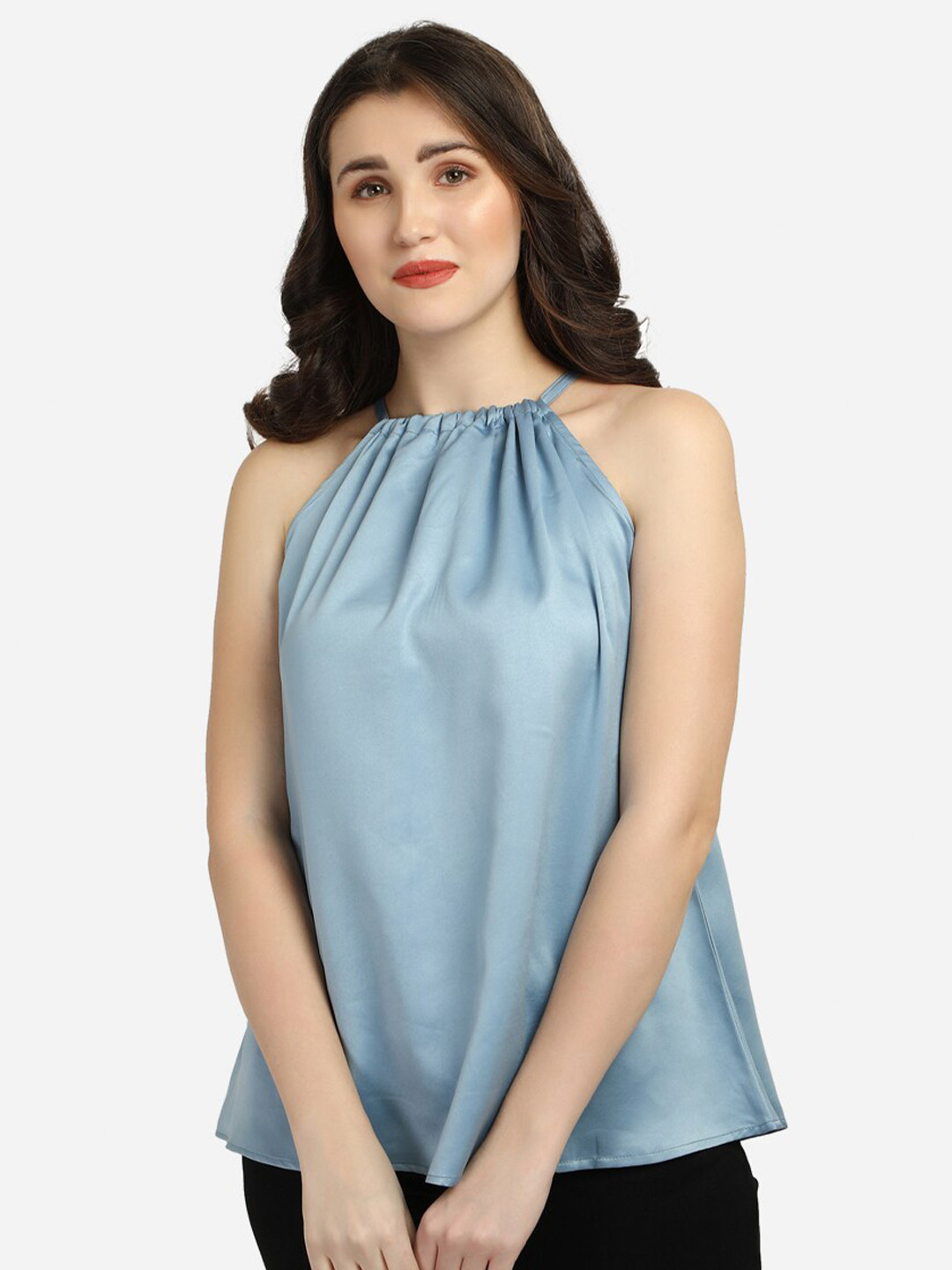 Smarty Pants Women Blue Solid Halter Neck Satin Top