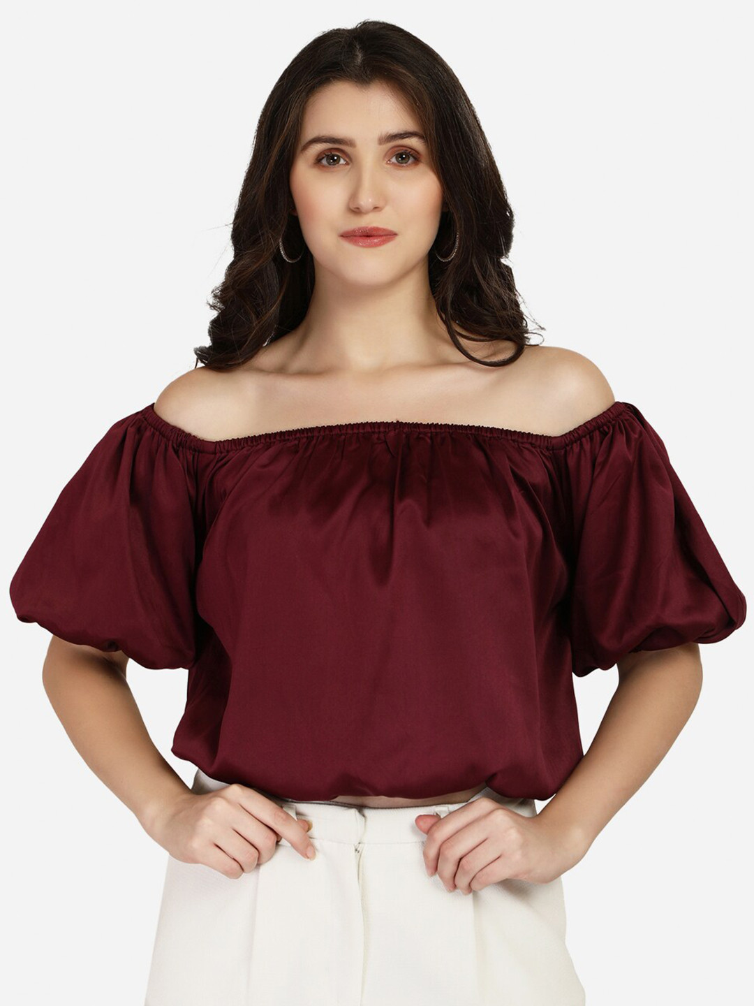 Smarty Pants Women Burgundy Solid Off-Shoulder Satin Bardot Top