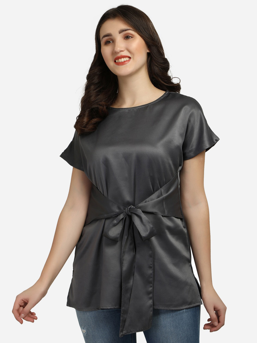 Smarty Pants Women Grey Solid Satin Extended Sleeves Top